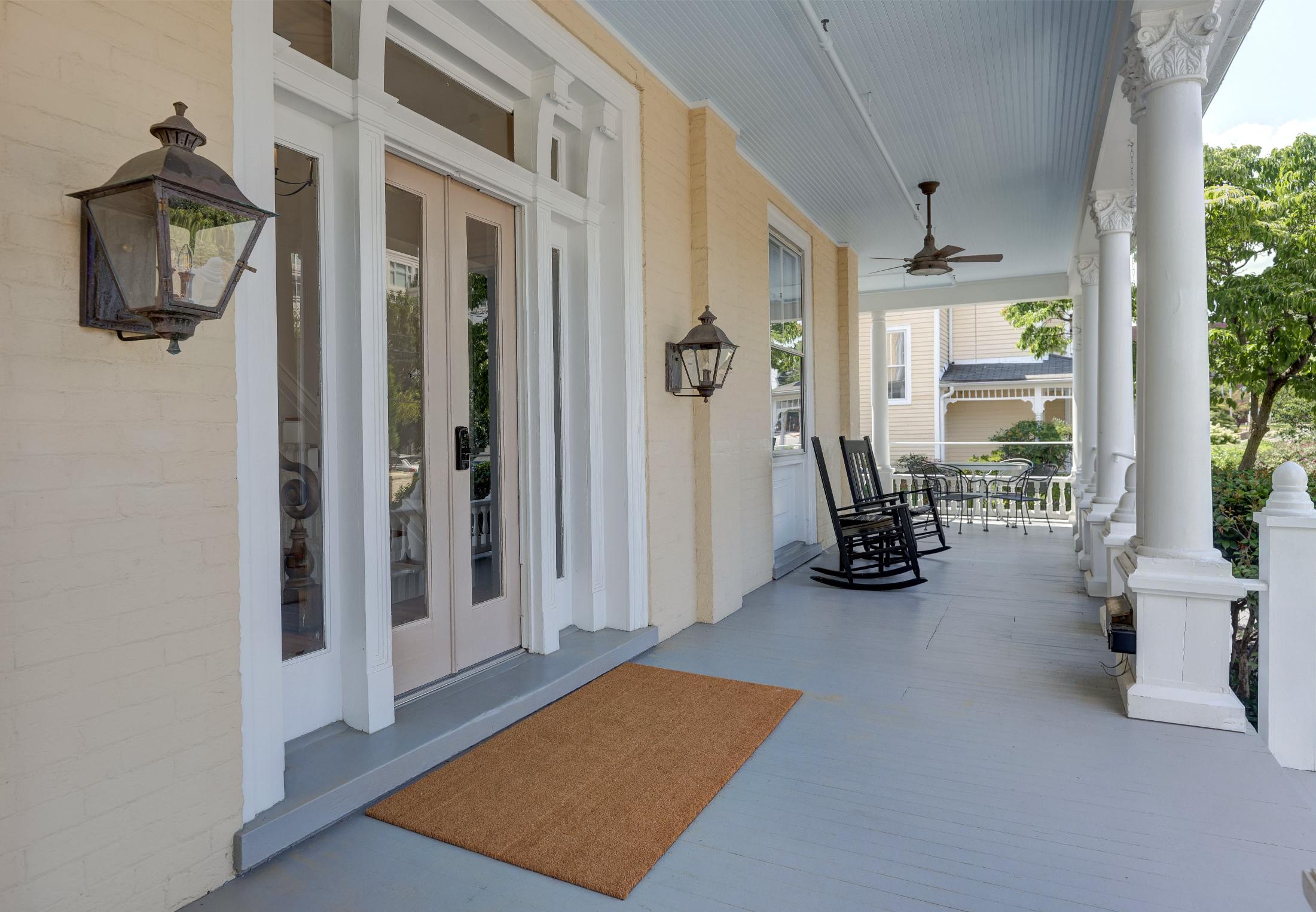Historic hotel entryway and downtown Charlottesville