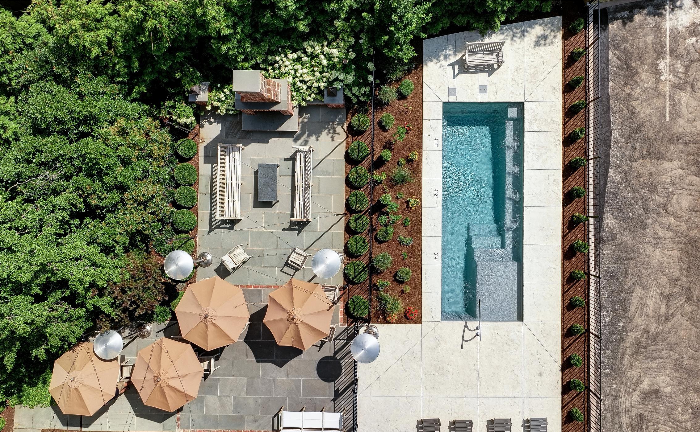 Aerial view of the pool and grounds